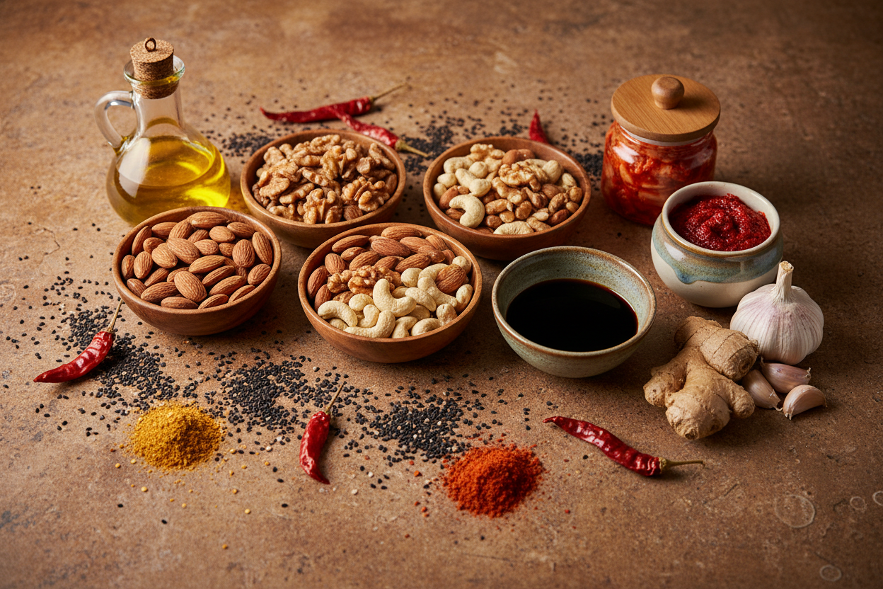 A cinematic, top-down and slow panning video of premium Asian and global food ingredients arranged on a warm stone countertop. The scene includes assorted nuts (almonds, cashews, walnuts), sesame seeds, dried red chilies, chili flakes, soy sauce in a ceramic bowl, olive oil in a glass bottle, ginger root, garlic cloves, and fermented condiments such as kimchi or chili paste in small jars.